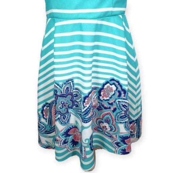 AS U WISH TURQUOISE & WHITE STRIPE & FLORAL DRESS SZ.L EUC. - Picture 3 of 8